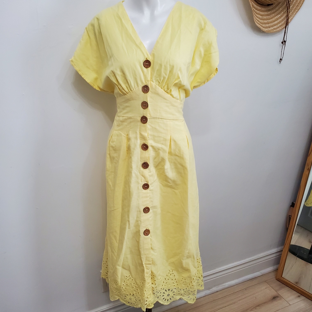 Angie Yellow Button-Down Midi Cotton Dress